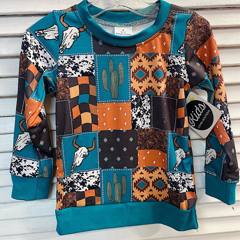 Boys Teal Western Patch Long Sleeve Top
